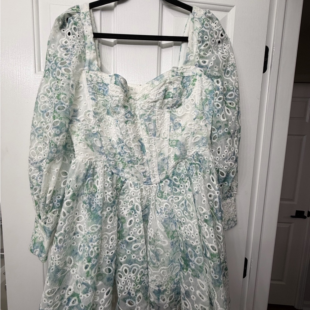 Bardot White and Green Lace Dress
